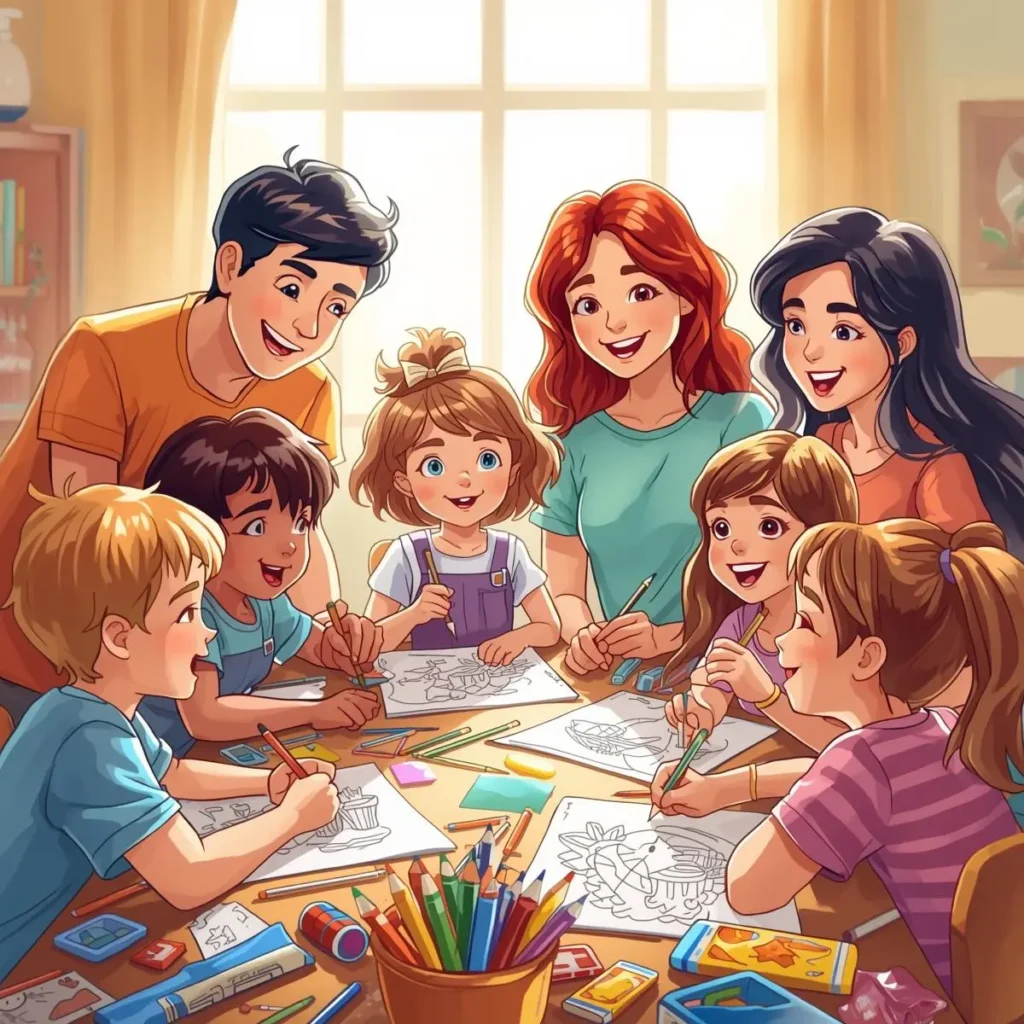 A heartwarming scene showing a small group of people — children parents and a teacher —