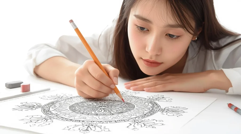 A person carefully coloring a detailed sketch on paper
