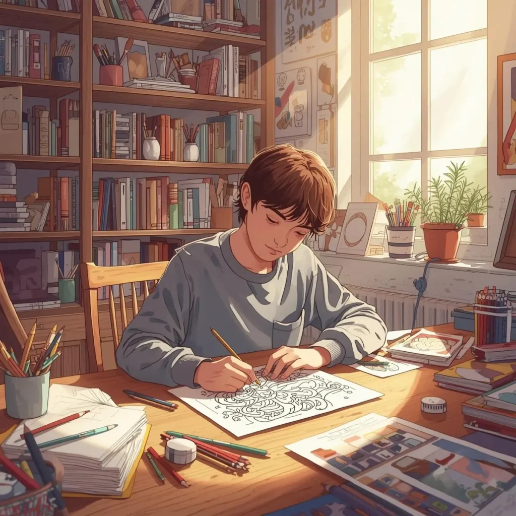 A young person sitting at a creative art studio desk carefully coloring a detailed drawing with colored pencils
