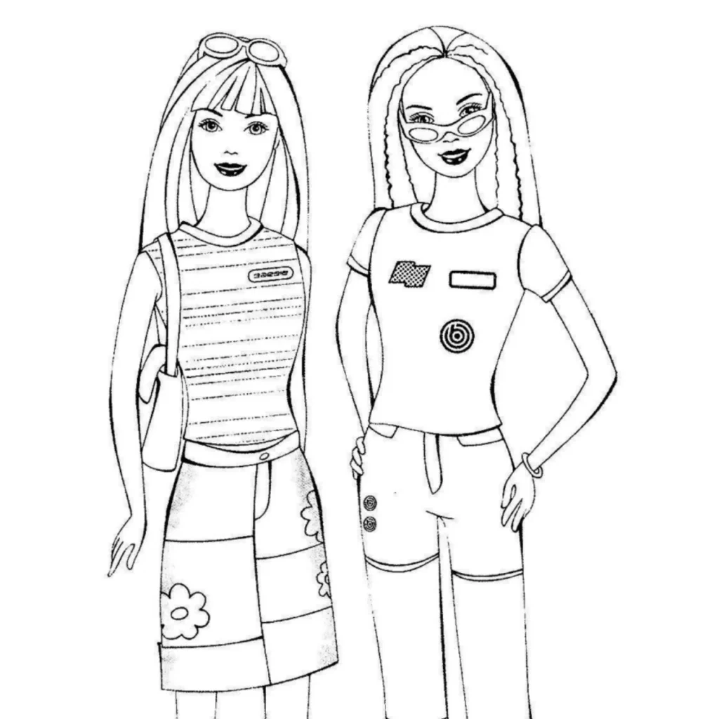 Two Barbie-style girls standing together coloring page
