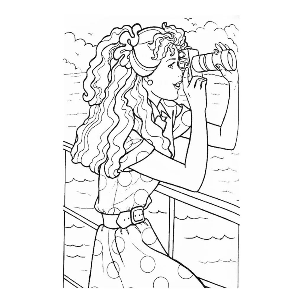 girl taking a photo near the sea coloring page