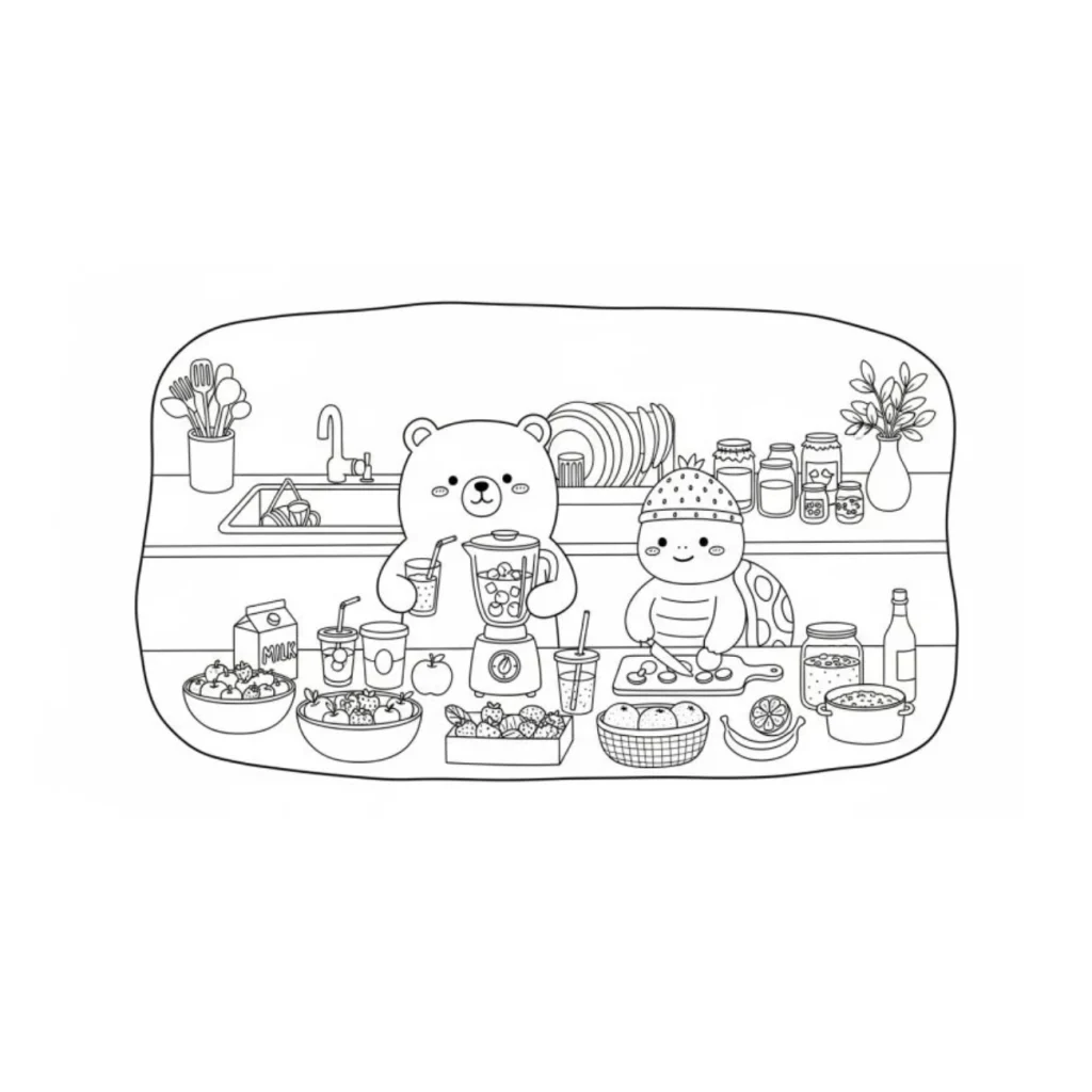 Bobbie Goods cozinha aconchegante com smoothies para colorir