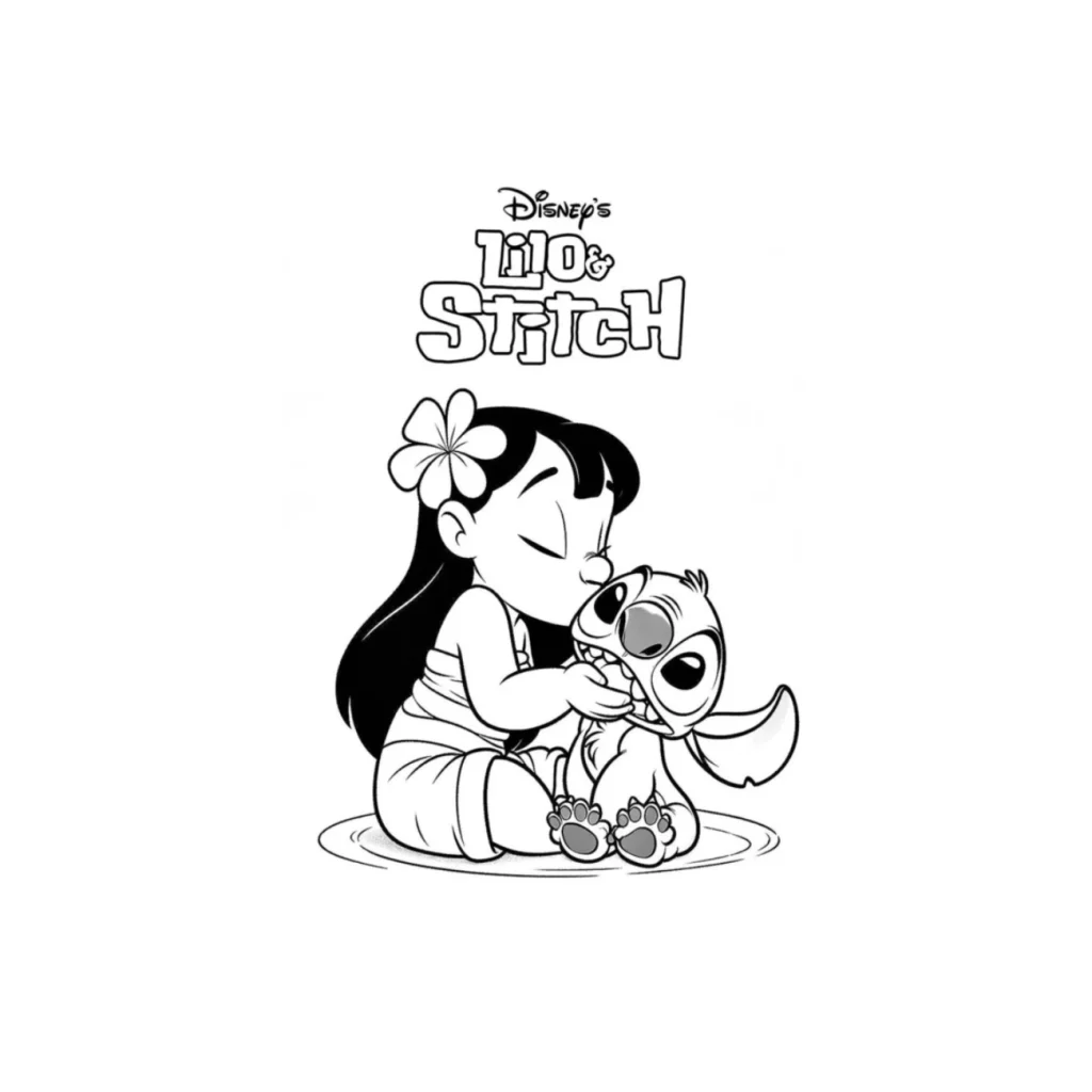 cute illustration of Stitch smiling with Lilo in a Hawaiian background