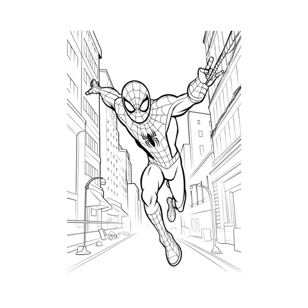 Páginas para colorir do Homem-Aranha a saltar para crianças e adultos